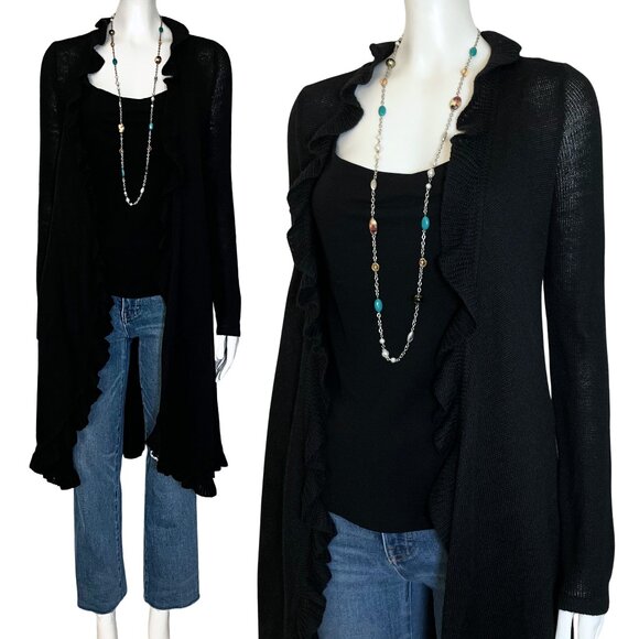 Vintage Sweaters - Vintage Y2K Black Ruffle Duster Open Cardigan Sweater. S/M. Whimsigoth Festival